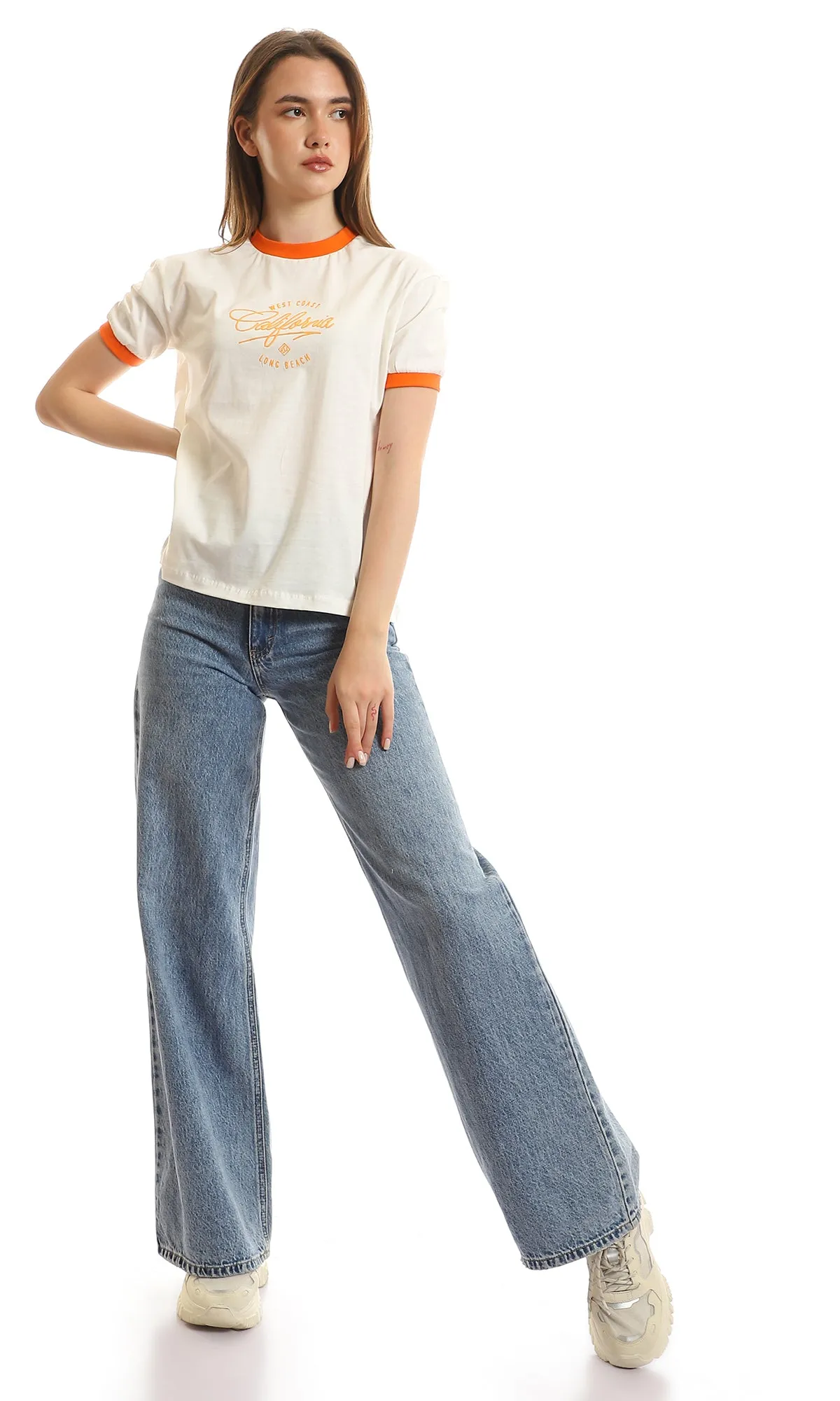 97442 Loose Round Neck Printed "California" Off-White & Orange Tee