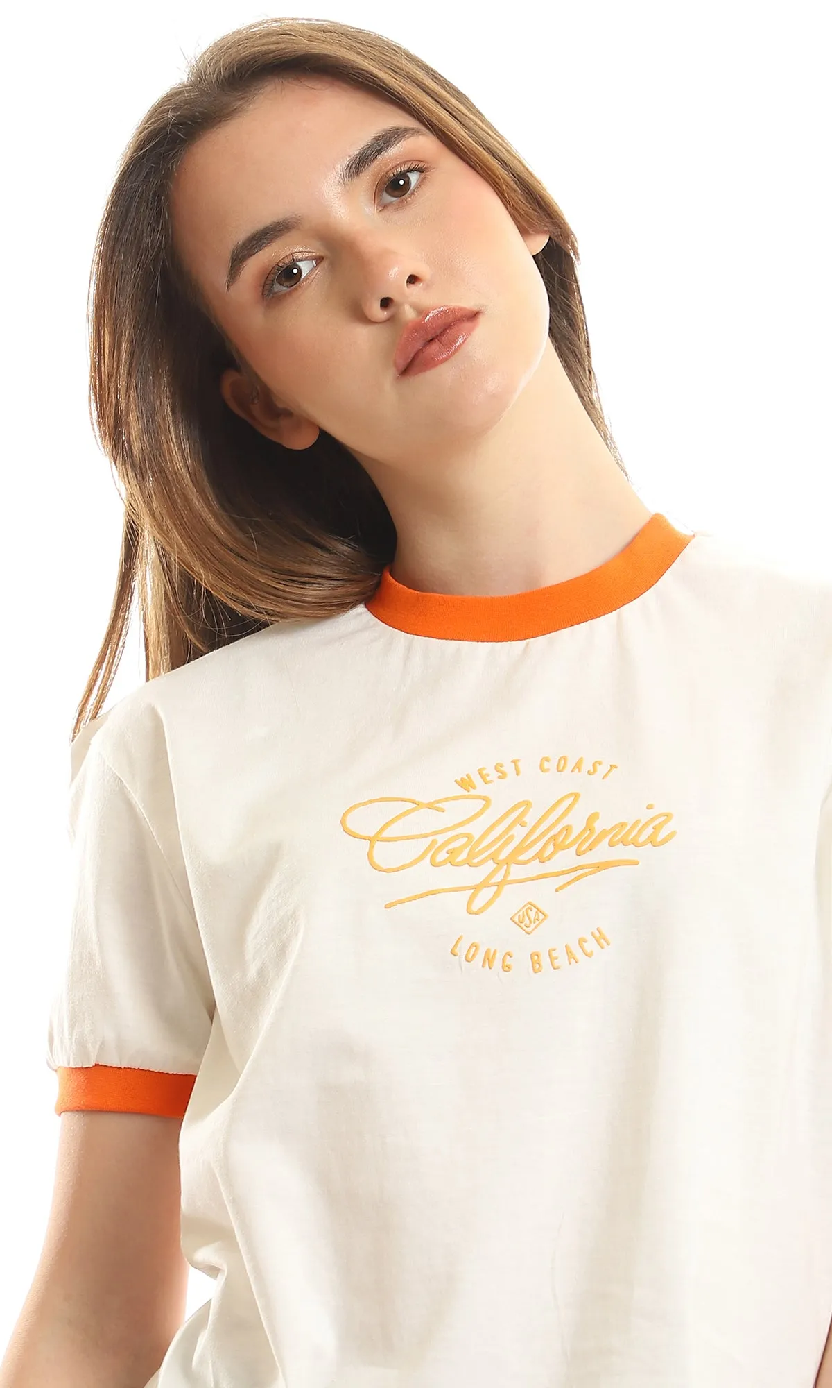 97442 Loose Round Neck Printed "California" Off-White & Orange Tee
