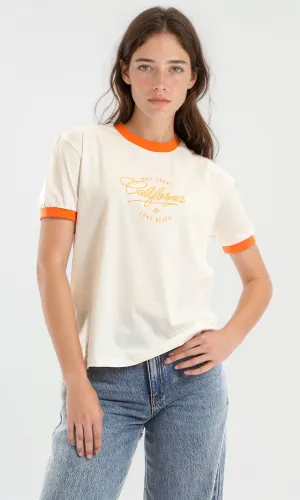 97442 Loose Round Neck Printed "California" Off-White & Orange Tee