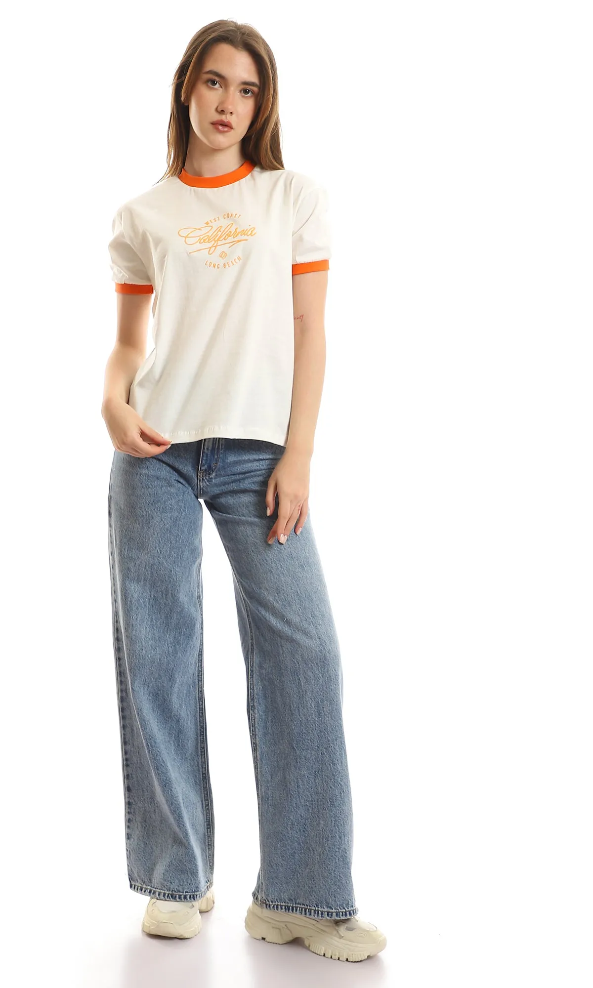 97442 Loose Round Neck Printed "California" Off-White & Orange Tee