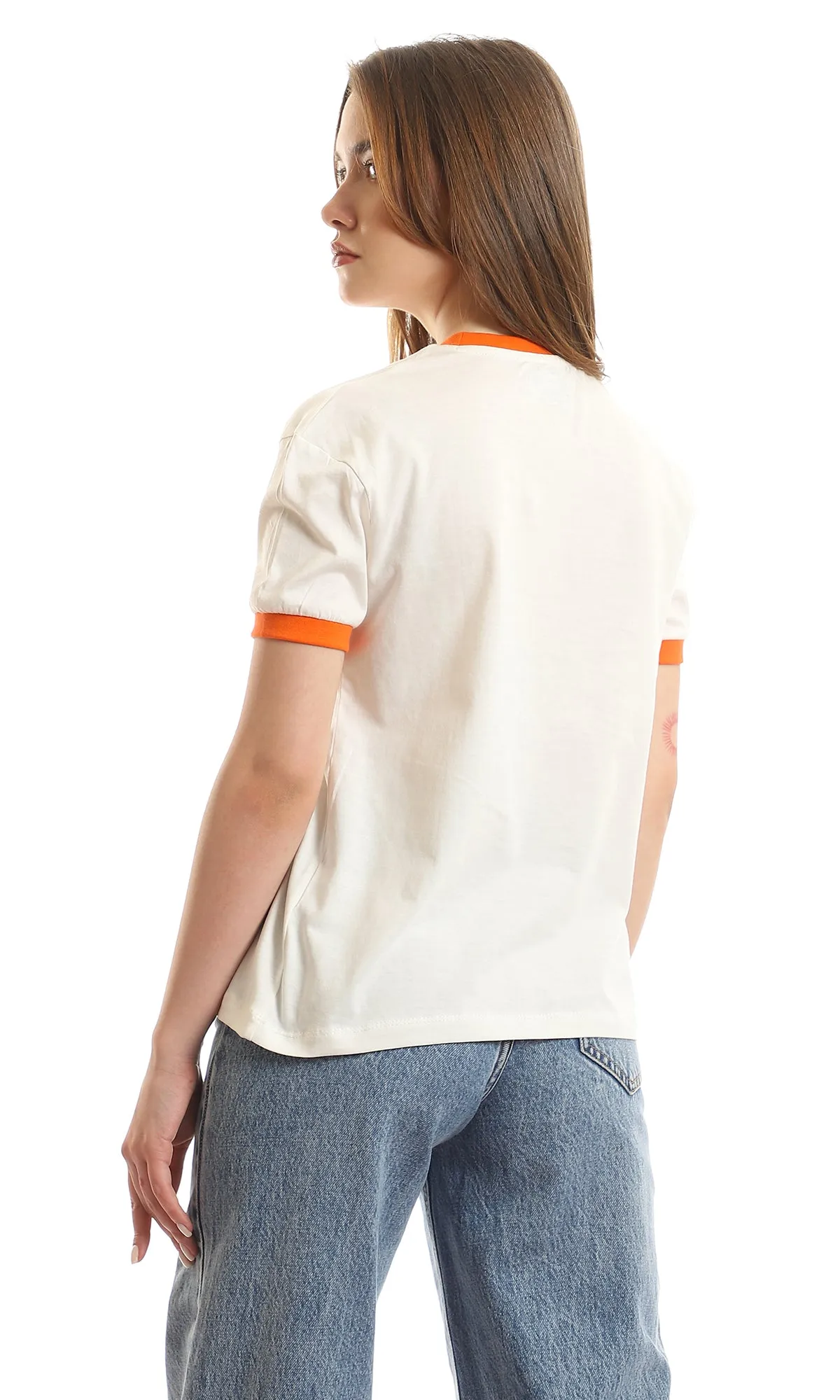 97442 Loose Round Neck Printed "California" Off-White & Orange Tee