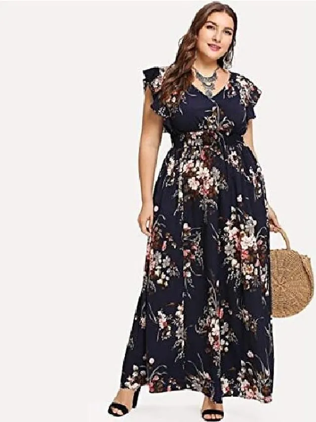 A Line Dress Maxi long Dress Black Pink Dark Blue Beige Sleeveless Pattern Summer Casual Loose  L XL XXL XXXL 4XL 5XL / Plus Size / Plus Size for Women