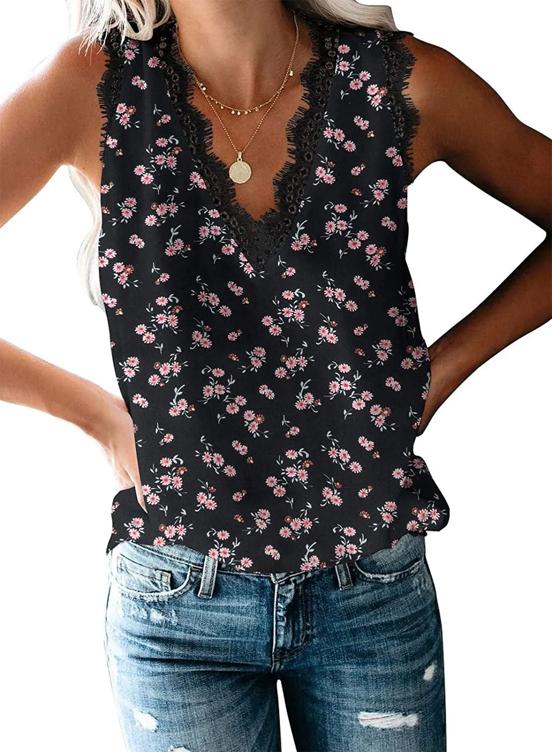Anyjoin Women Sexy V Neck Lace Tank Tops Summer Sleeveless Chiffon Blouses