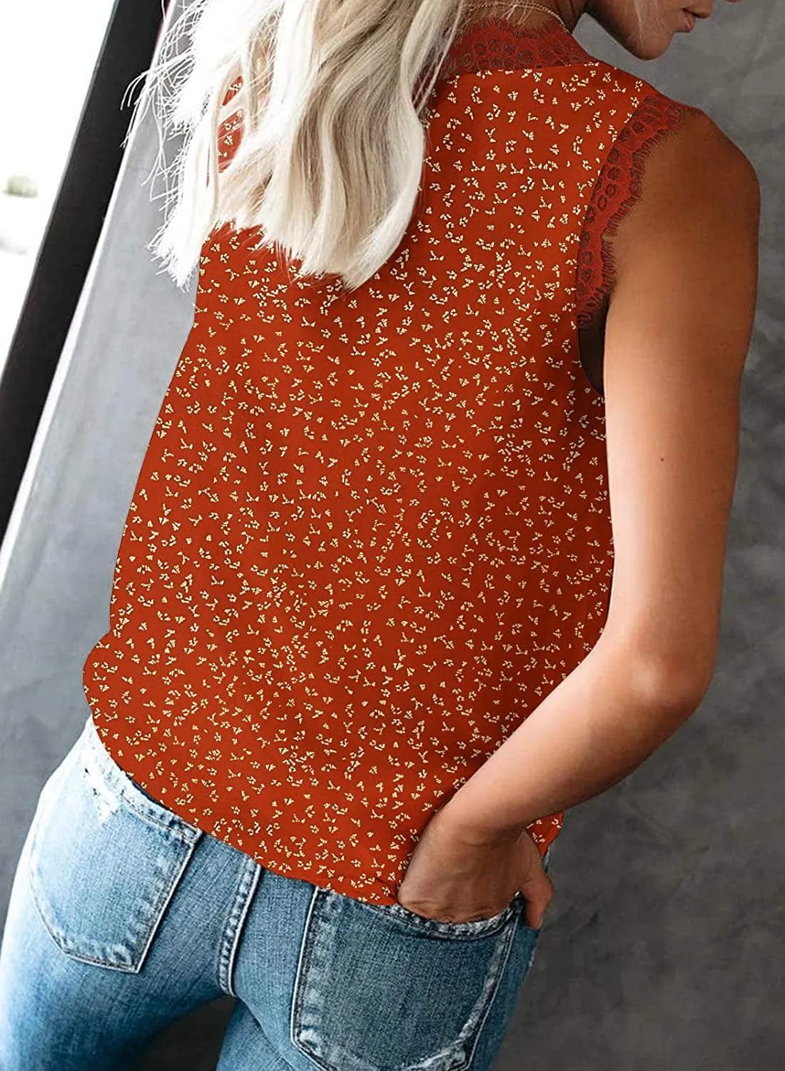 Anyjoin Women Sexy V Neck Lace Tank Tops Summer Sleeveless Chiffon Blouses