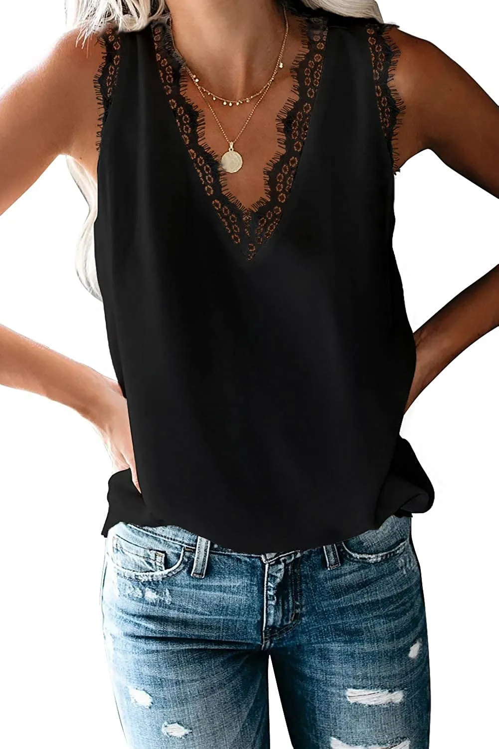 Anyjoin Women Sexy V Neck Lace Tank Tops Summer Sleeveless Chiffon Blouses
