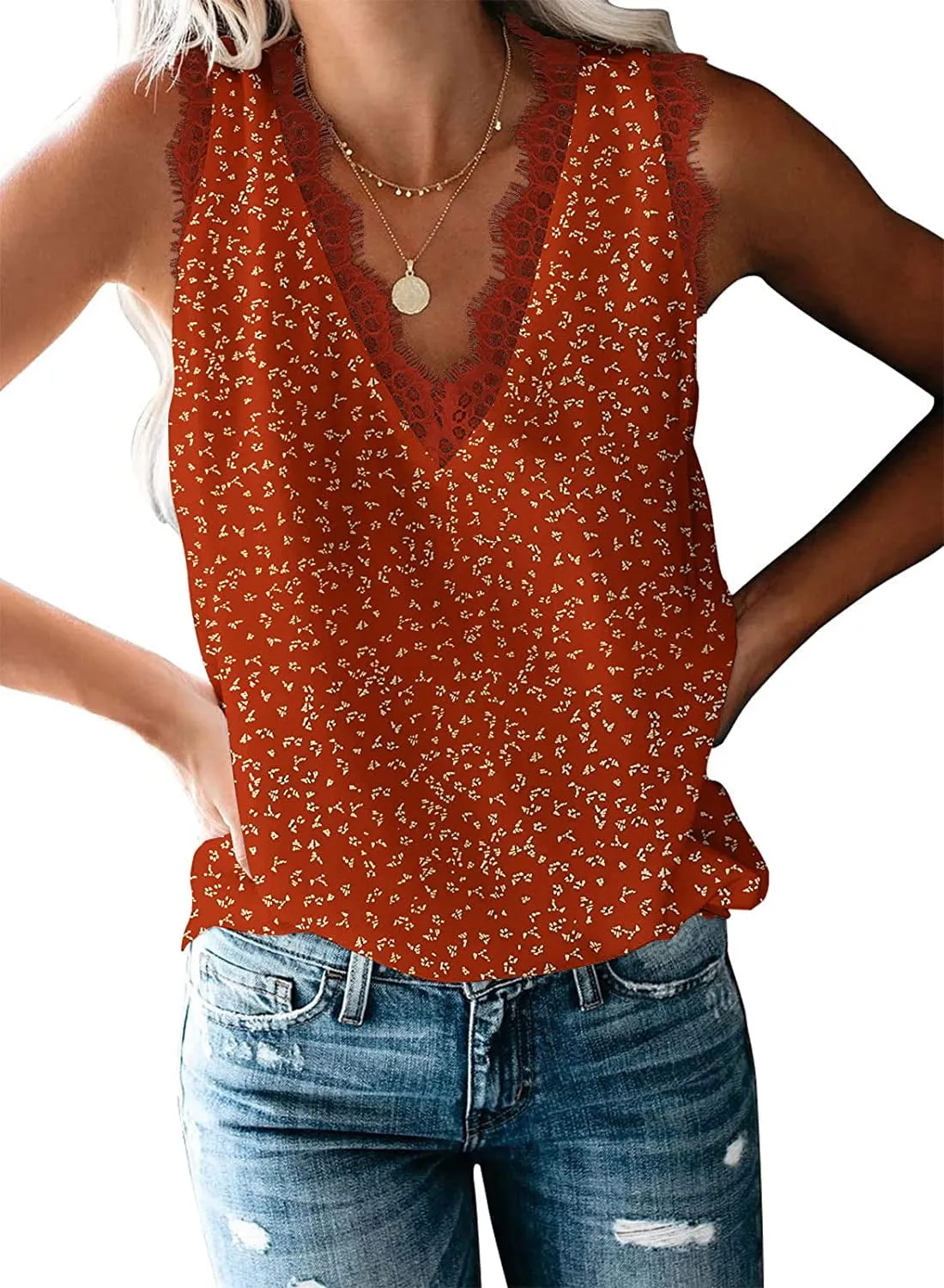 Anyjoin Women Sexy V Neck Lace Tank Tops Summer Sleeveless Chiffon Blouses