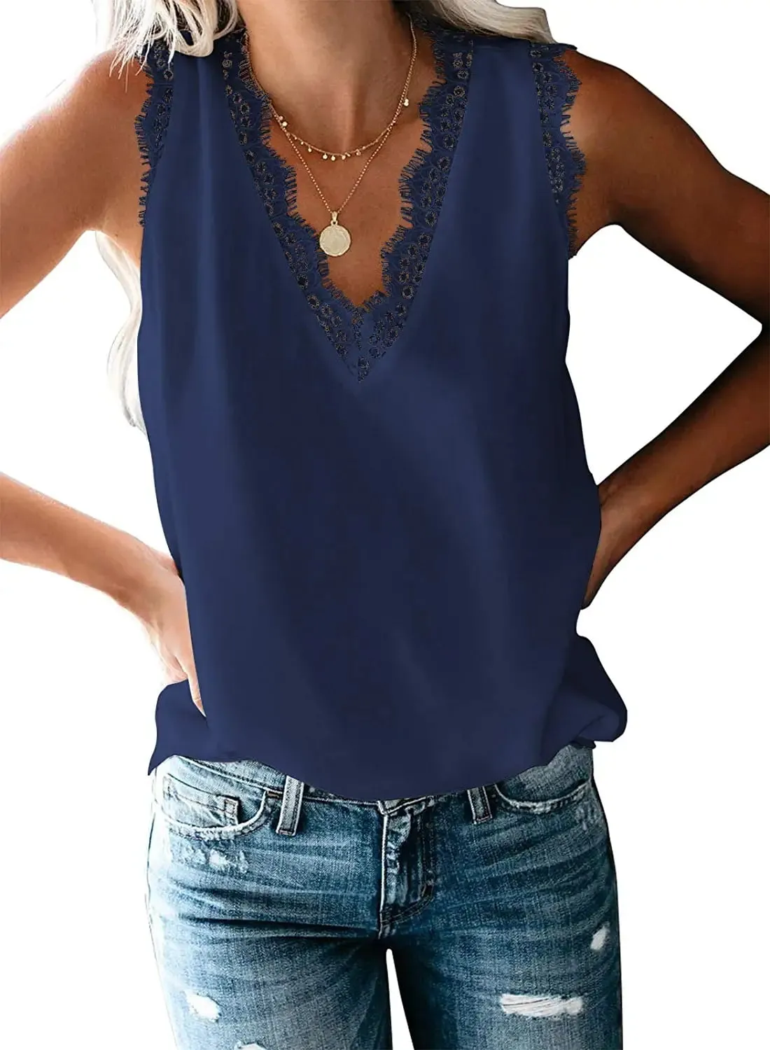 Anyjoin Women Sexy V Neck Lace Tank Tops Summer Sleeveless Chiffon Blouses