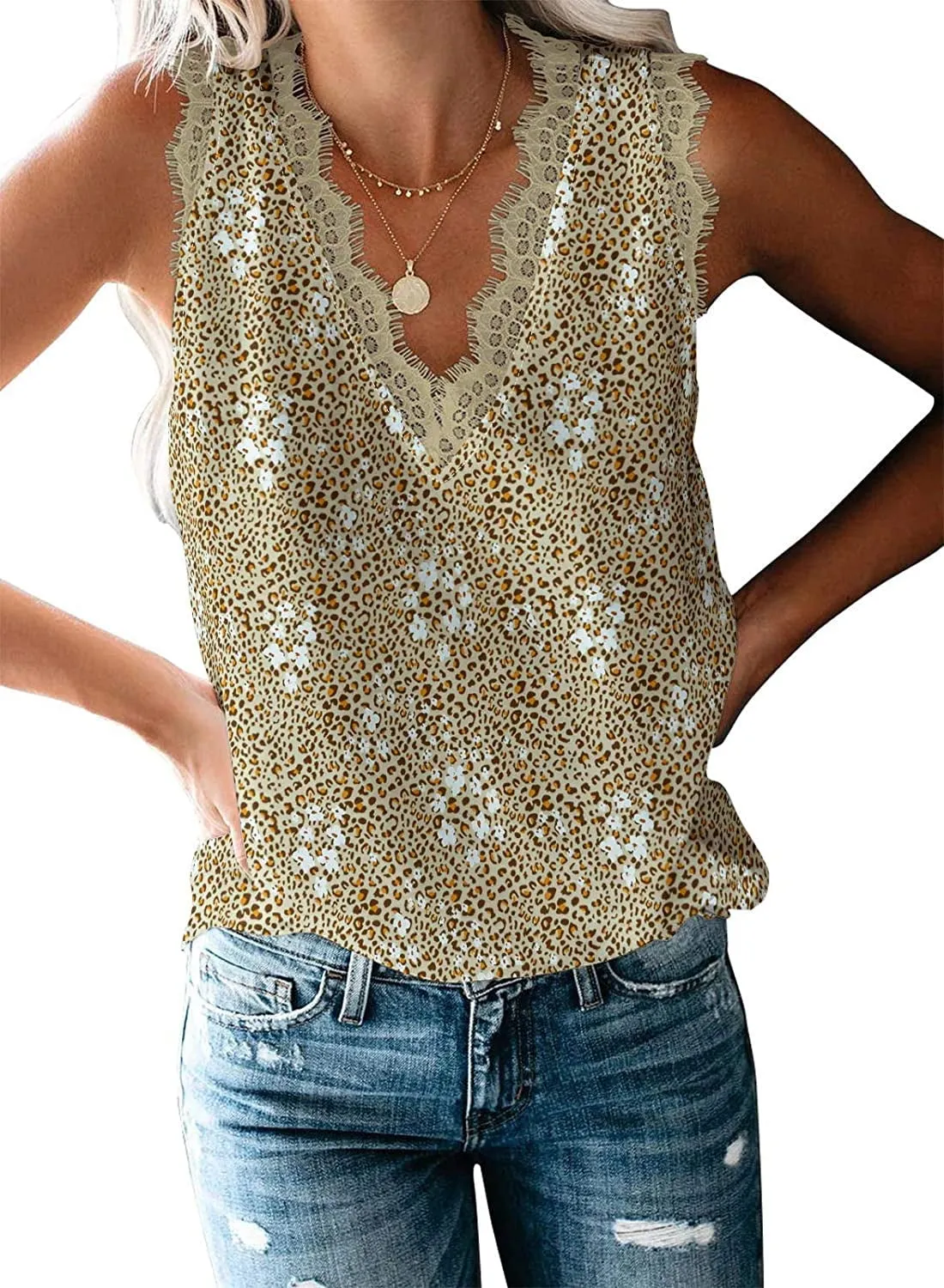 Anyjoin Women Sexy V Neck Lace Tank Tops Summer Sleeveless Chiffon Blouses