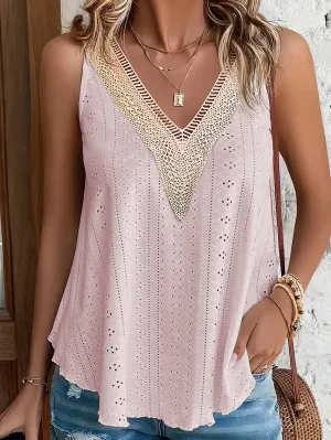 Apricot Pink Crochet Lace V-Neck Loose Fit Tank Top with Intricate Hollowouts
