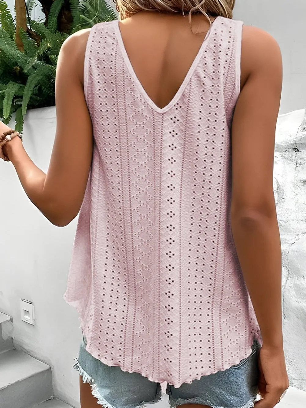 Apricot Pink Crochet Lace V-Neck Loose Fit Tank Top with Intricate Hollowouts