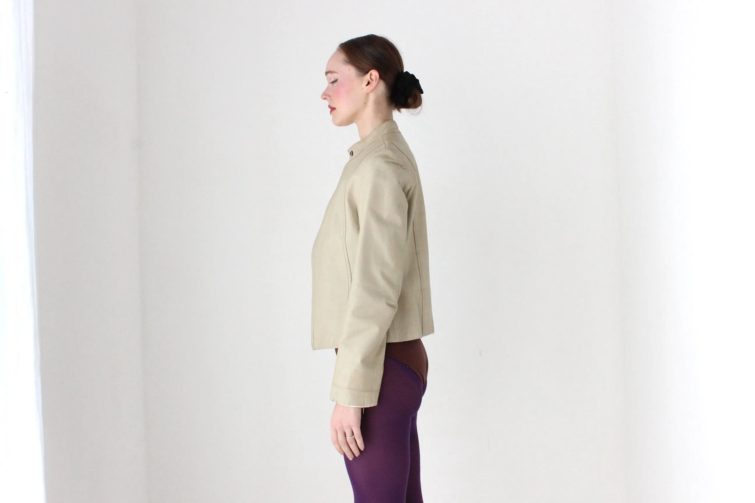BALLETCORE 90s Neutral Beige Leather Zip Front Moto Jacket