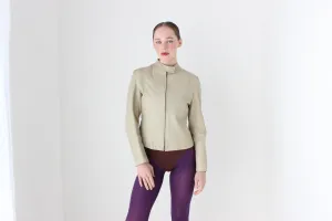 BALLETCORE 90s Neutral Beige Leather Zip Front Moto Jacket