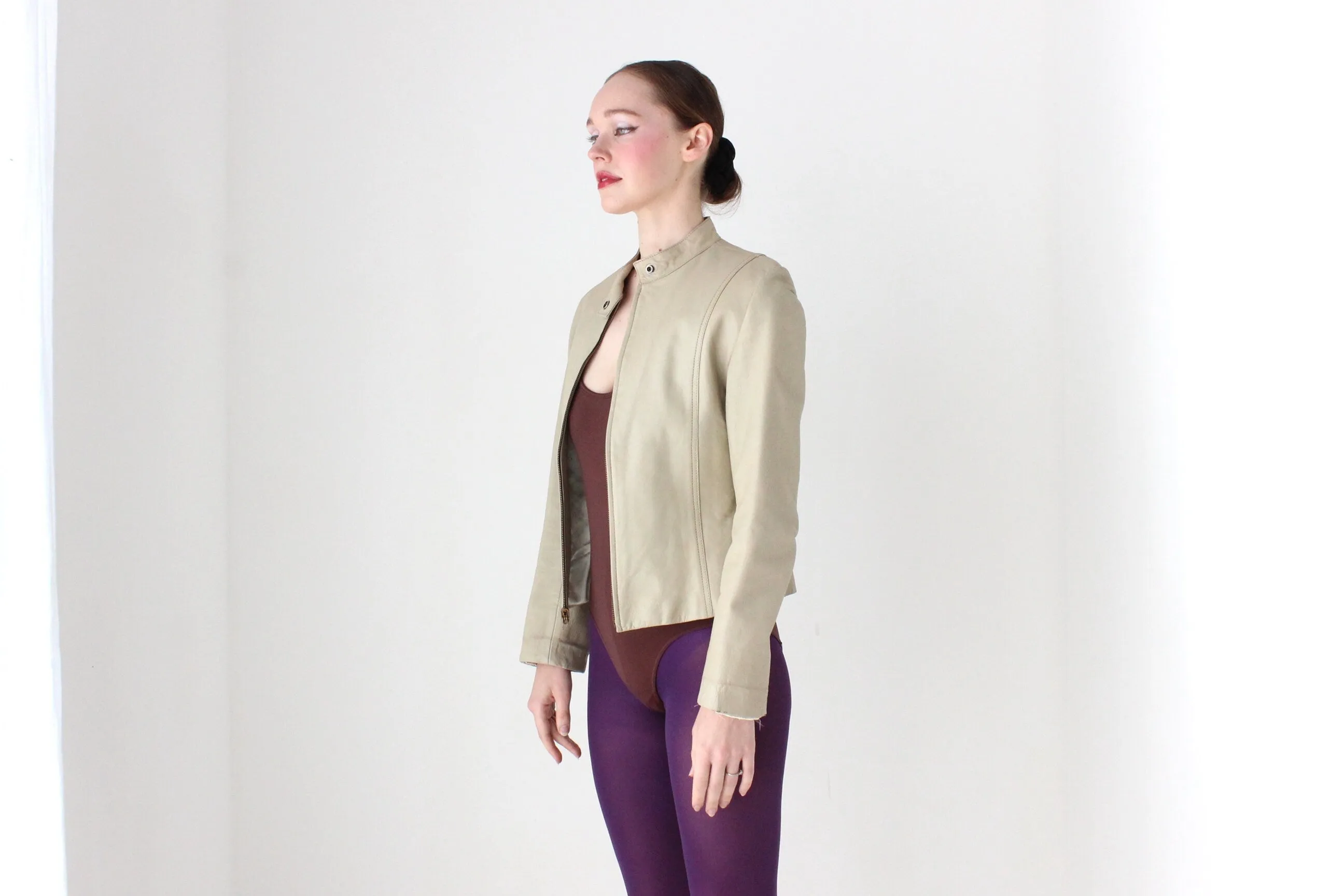 BALLETCORE 90s Neutral Beige Leather Zip Front Moto Jacket