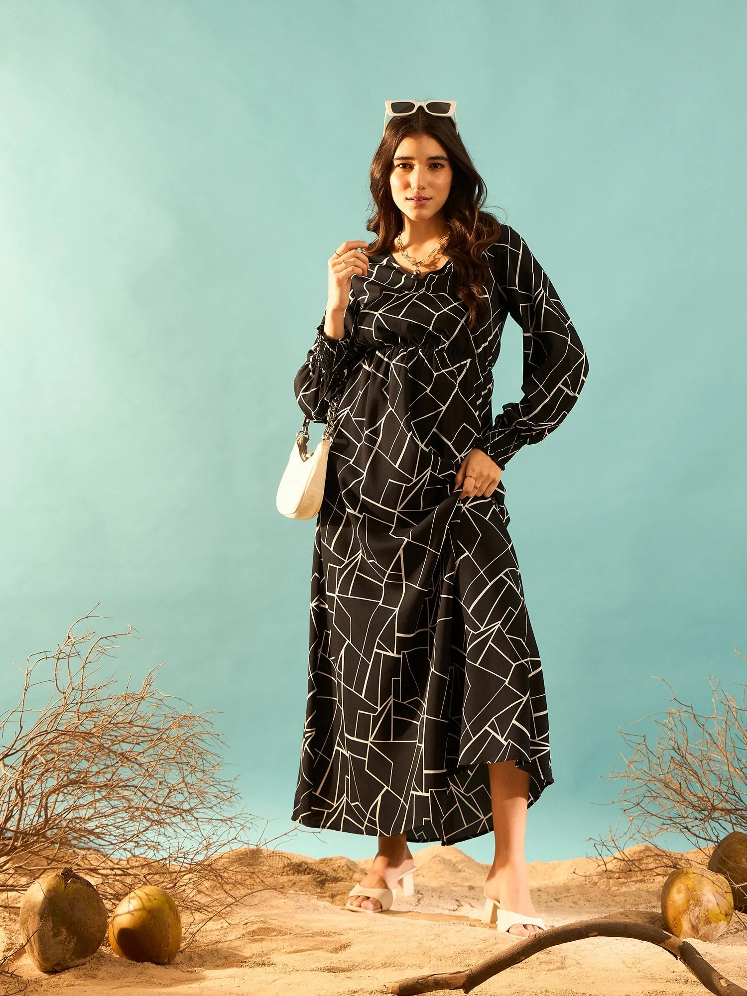 Berrylush Women Black & White Geometric Printed V-Neck Bishop Sleeves Flared A-Line Maxi Dress