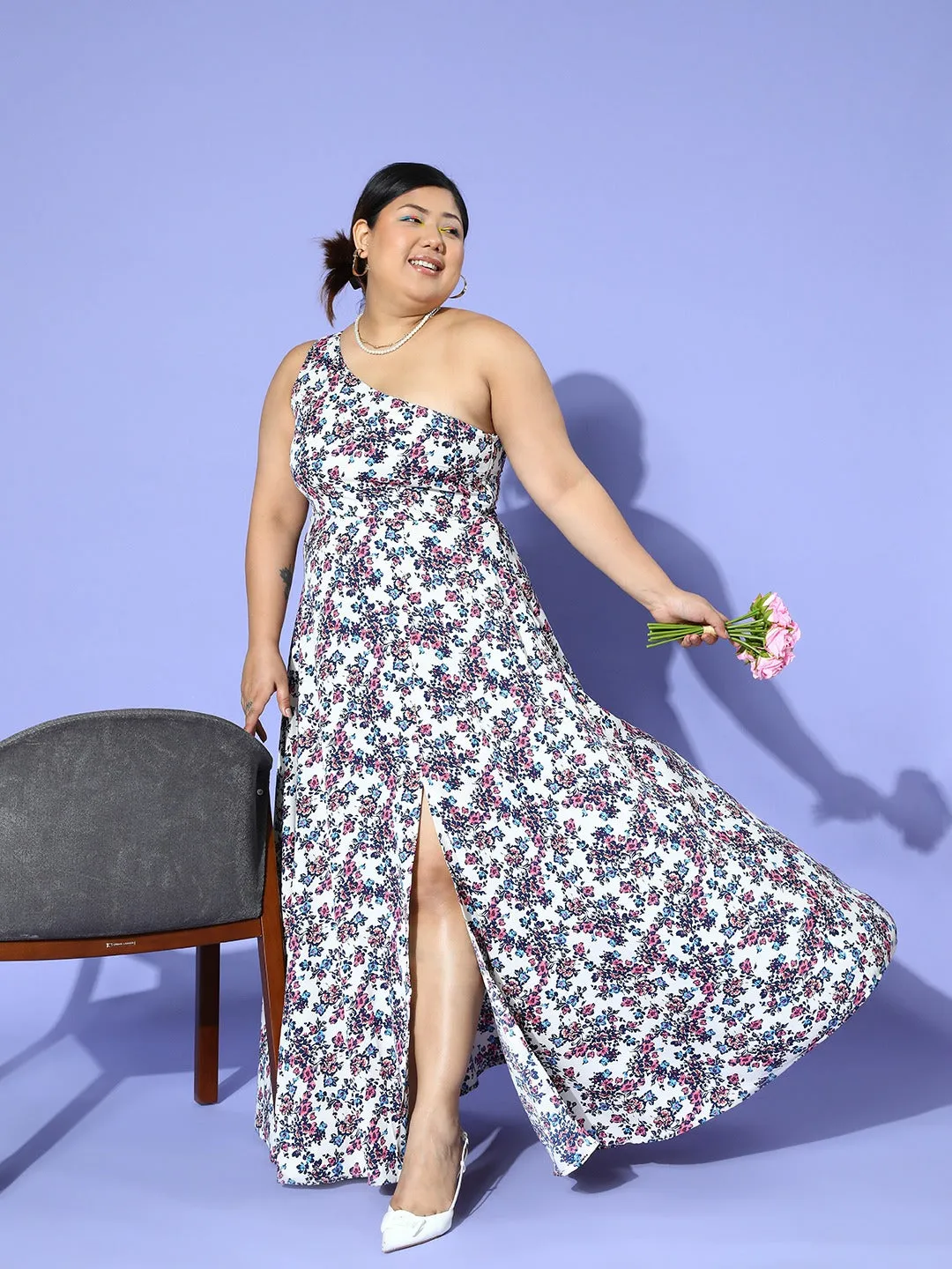 Berrylush Women Plus Size White Floral Printed One-Shoulder Neck Thigh-High Slit Flared Maxi Dress