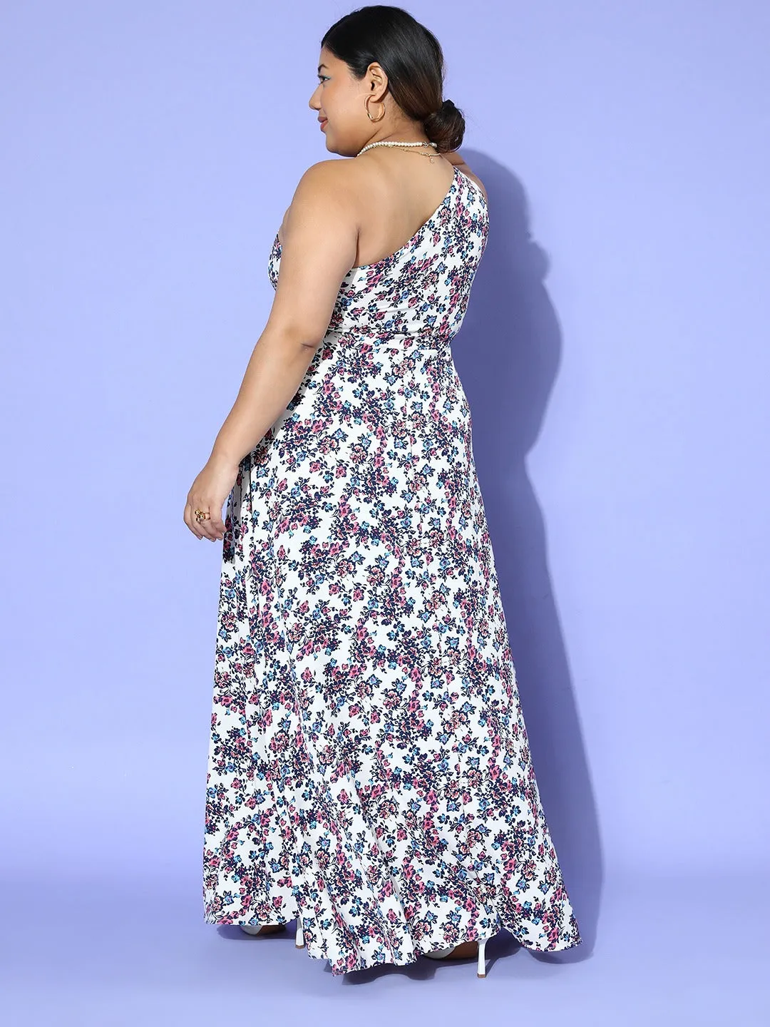 Berrylush Women Plus Size White Floral Printed One-Shoulder Neck Thigh-High Slit Flared Maxi Dress