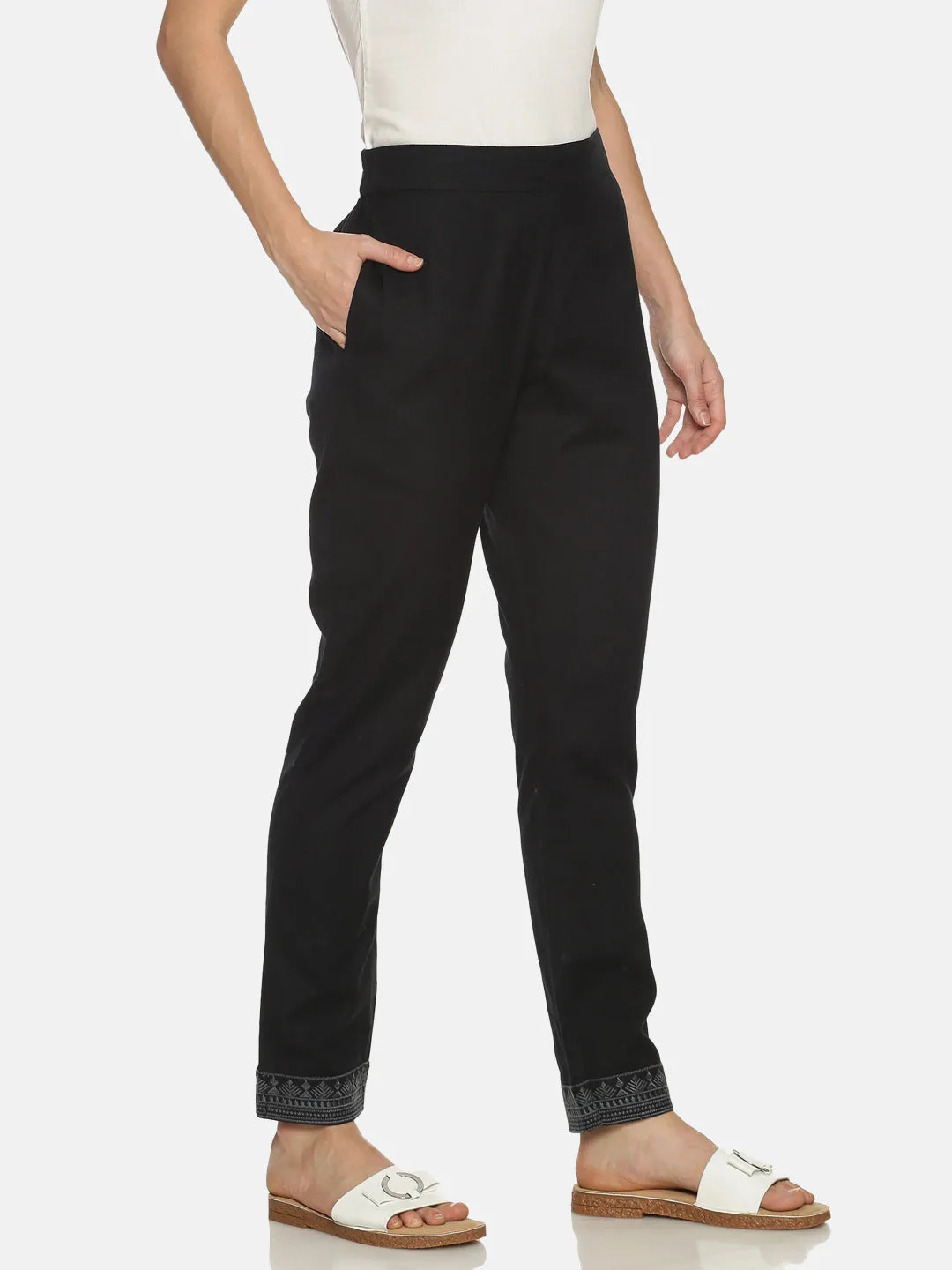 Black Cotton Linen Regular Fit Trousers
