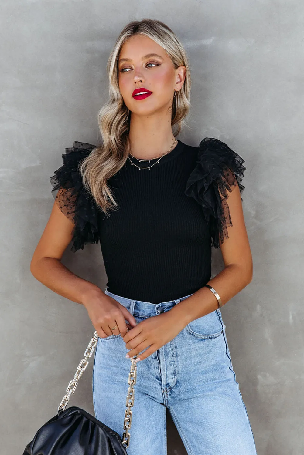 Black Polka Dot Mesh Ruffle Sleeve Knit Top