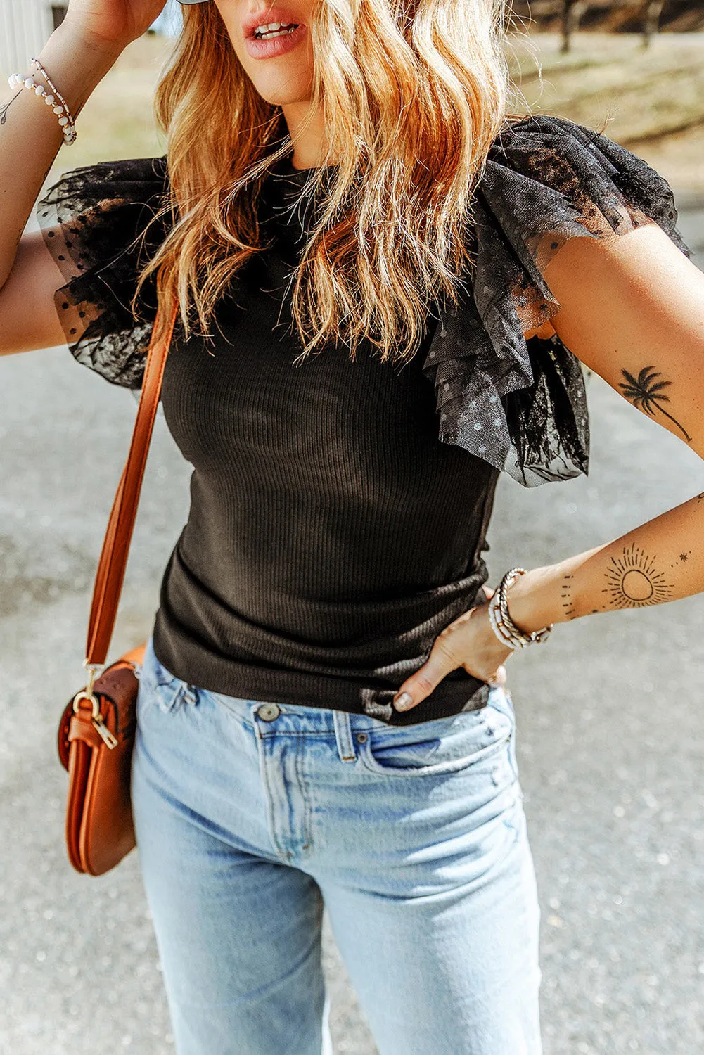 Black Polka Dot Mesh Ruffle Sleeve Knit Top