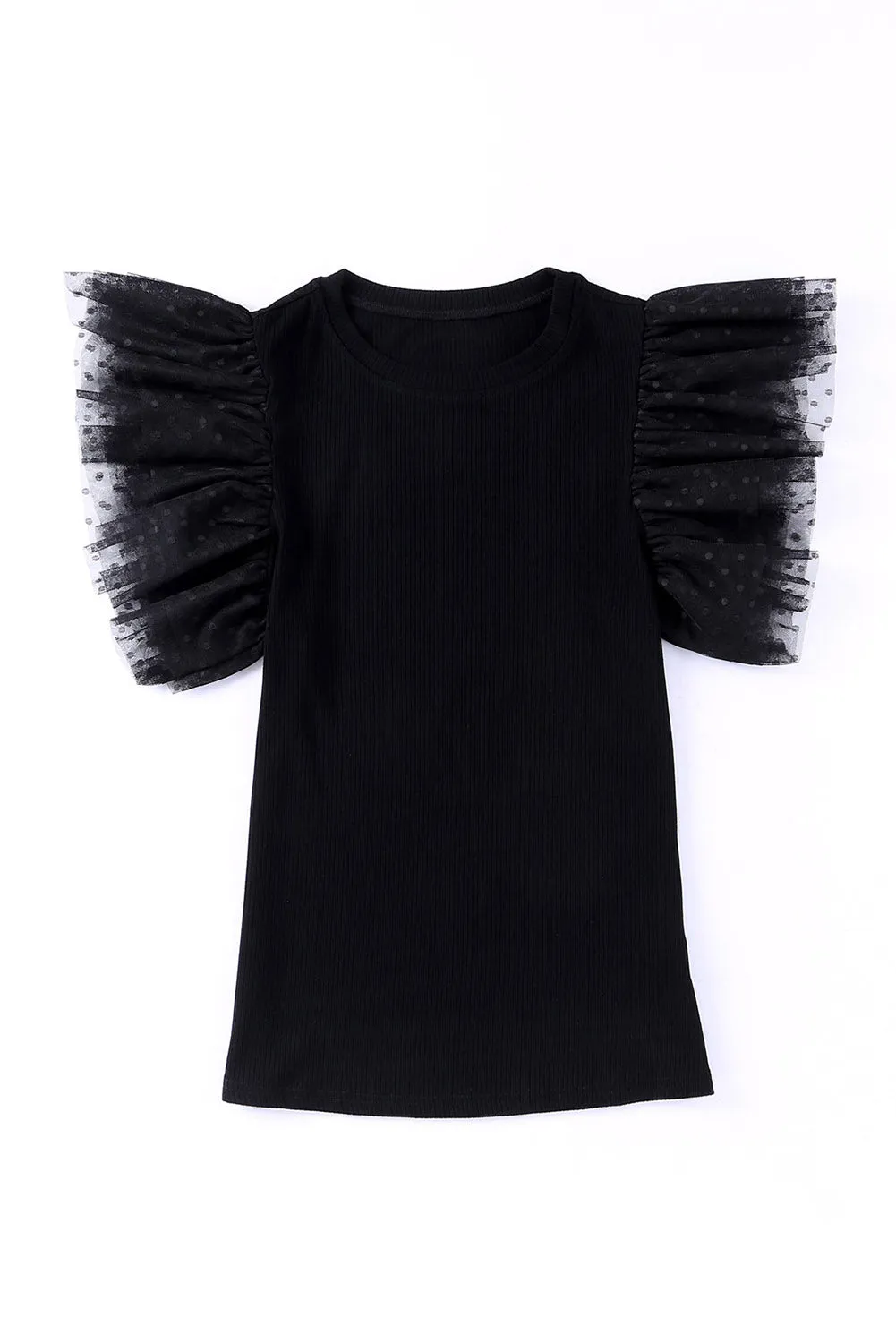 Black Polka Dot Mesh Ruffle Sleeve Knit Top