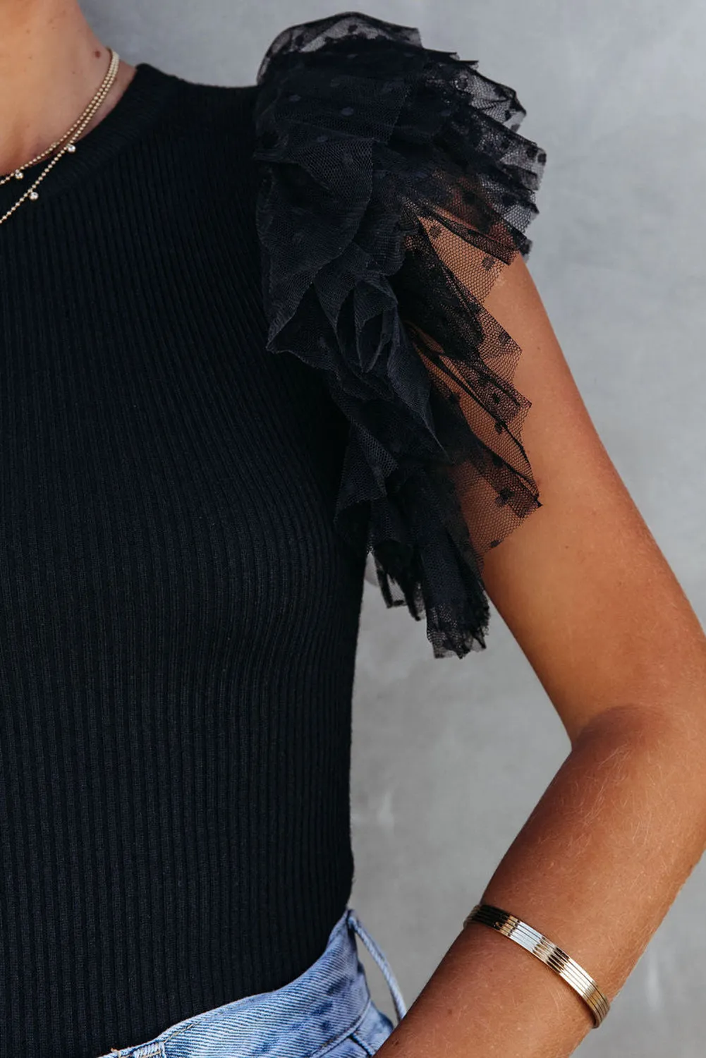 Black Polka Dot Mesh Ruffle Sleeve Knit Top