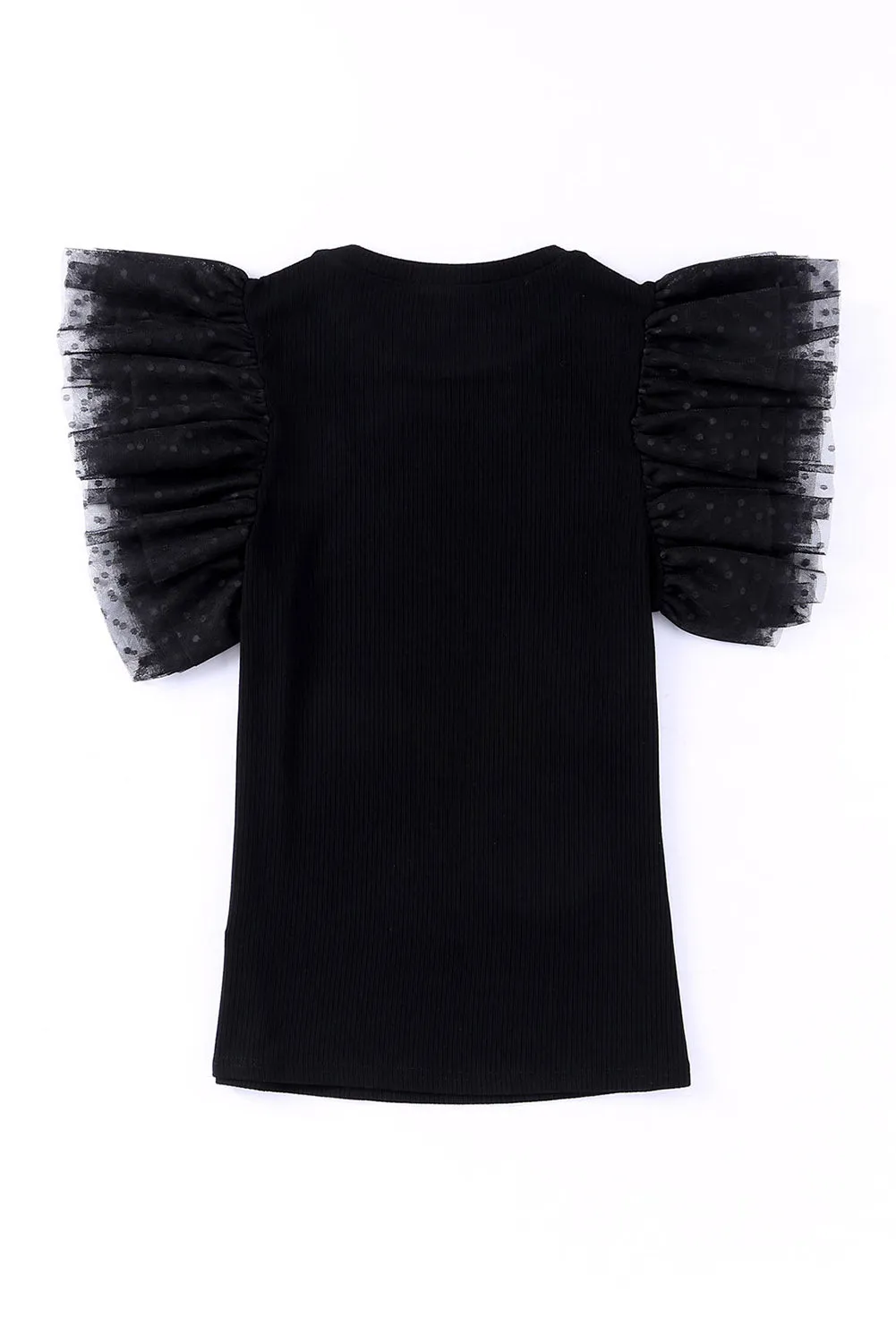 Black Polka Dot Mesh Ruffle Sleeve Knit Top