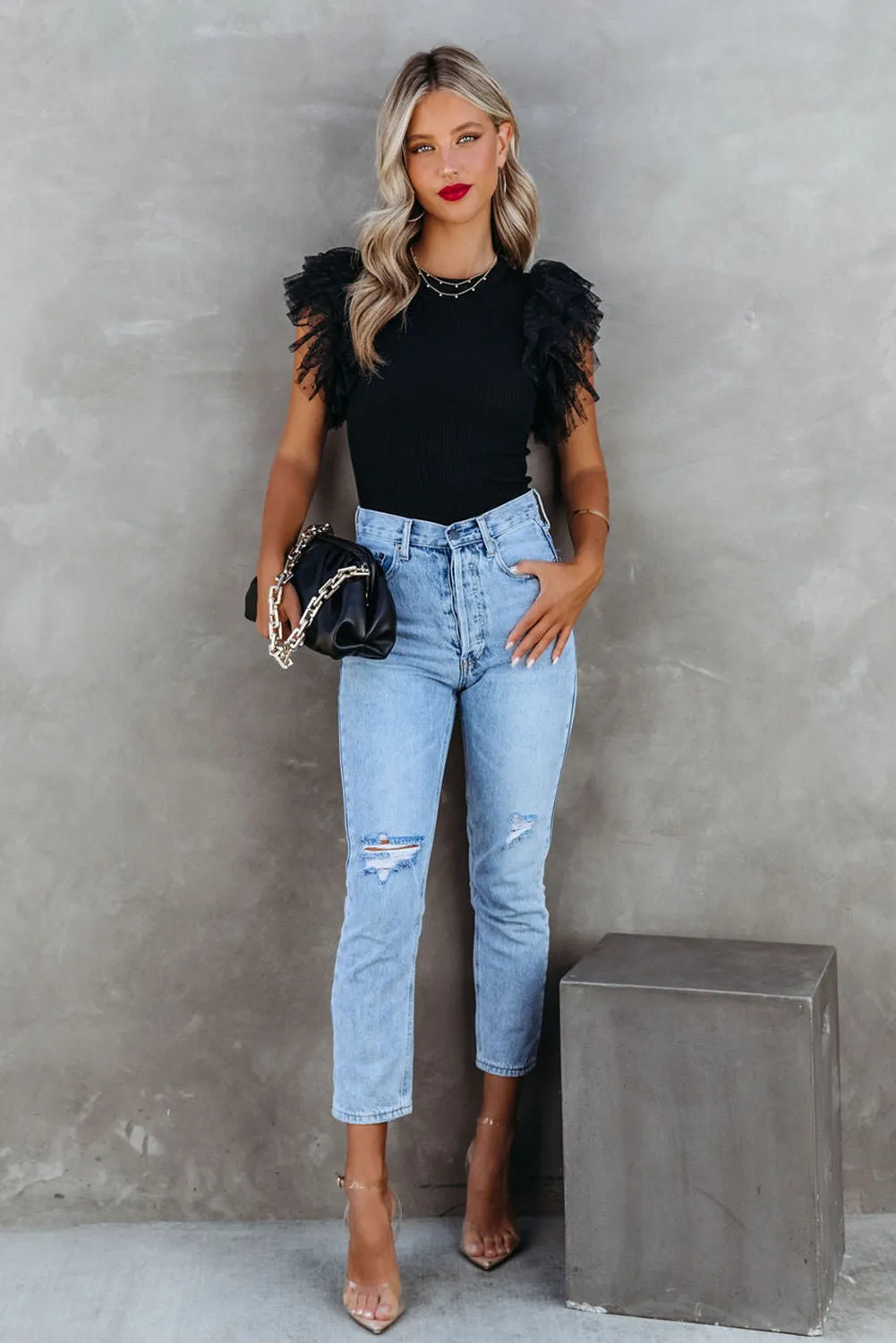 Black Polka Dot Mesh Ruffle Sleeve Knit Top