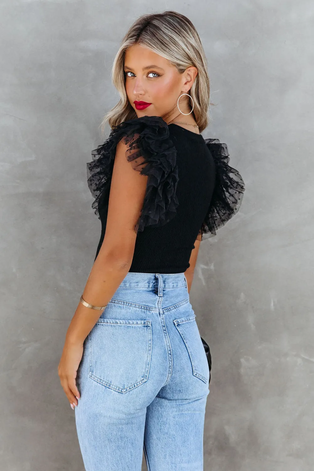 Black Polka Dot Mesh Ruffle Sleeve Knit Top