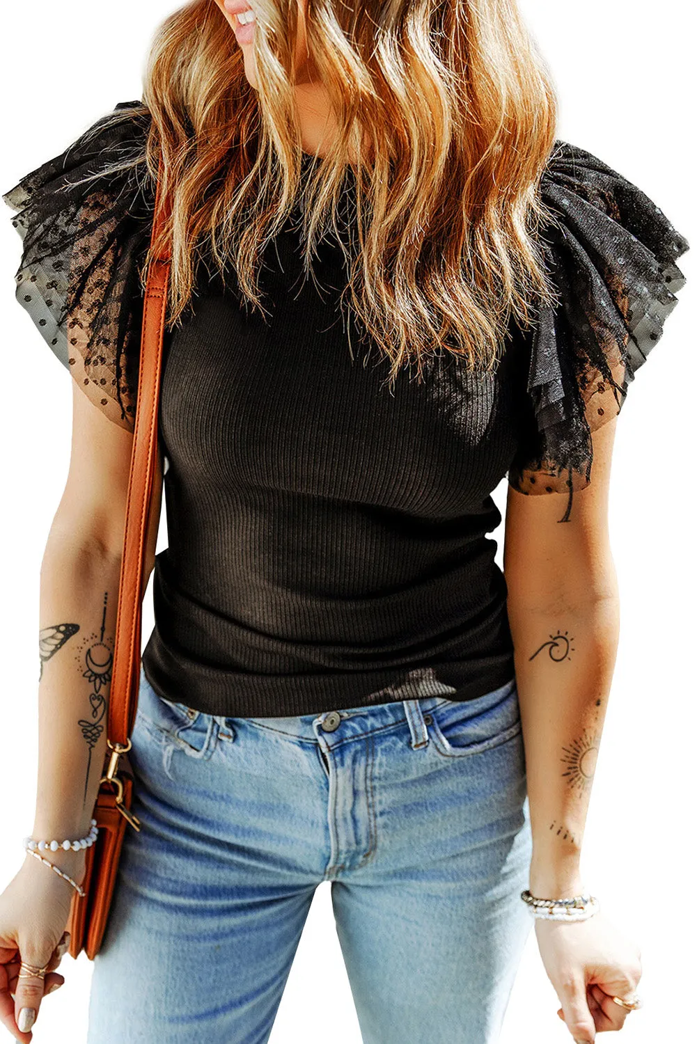Black Polka Dot Mesh Ruffle Sleeve Knit Top