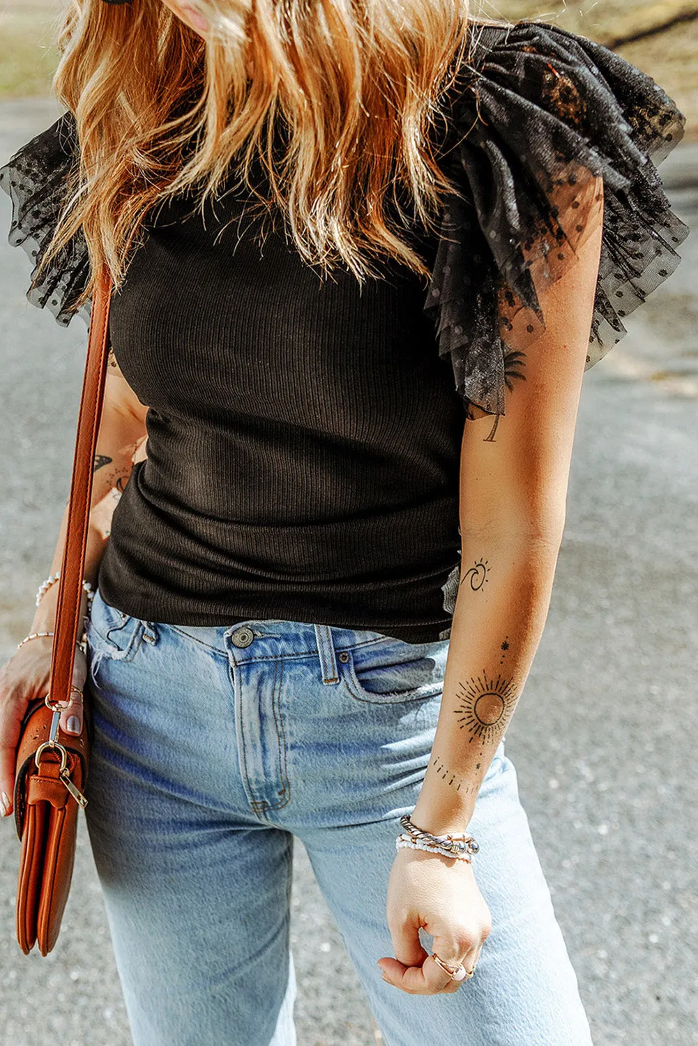 Black Polka Dot Mesh Ruffle Sleeve Knit Top