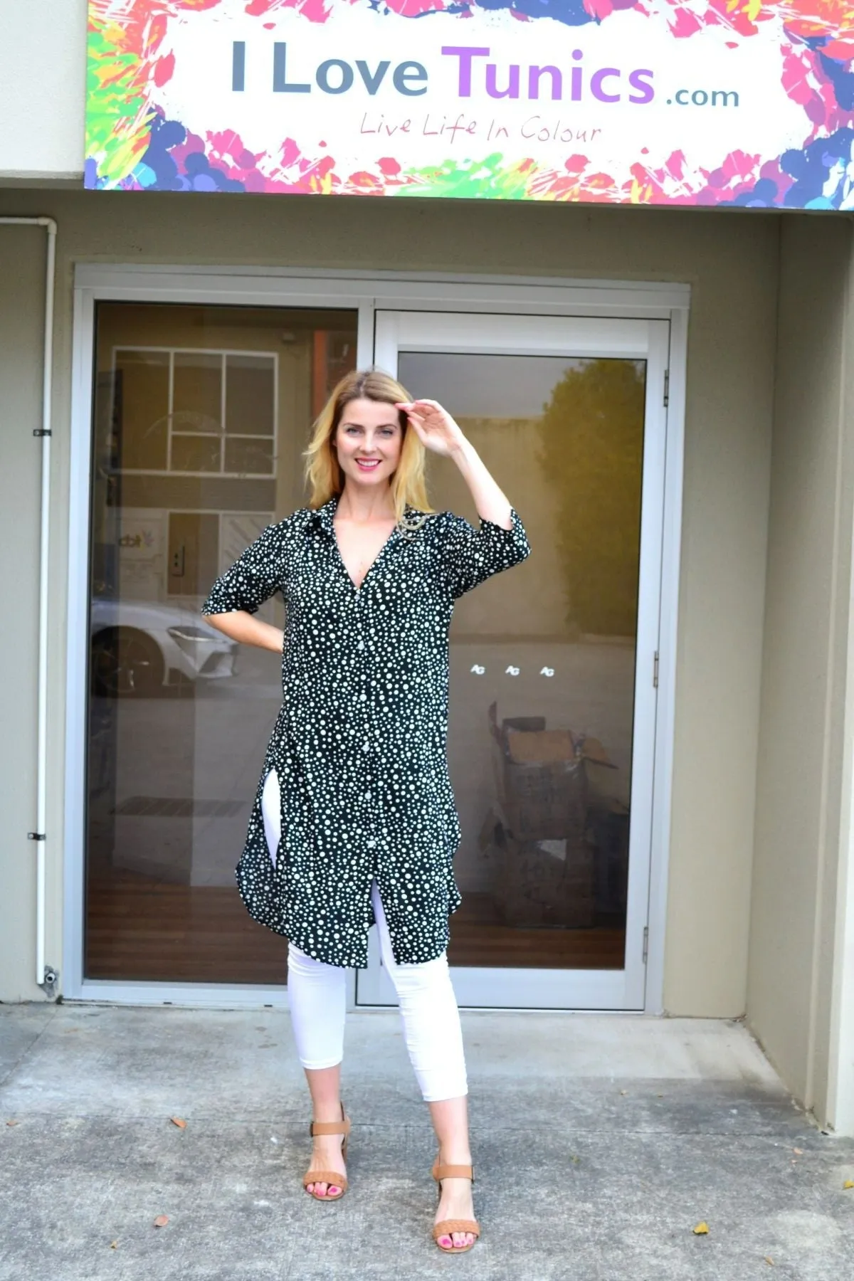 Black White Spot Long Shirt Tunic