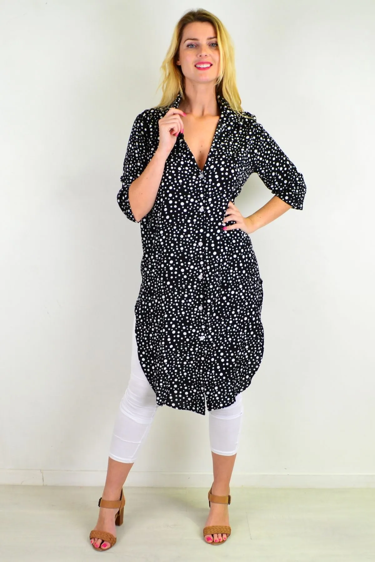 Black White Spot Long Shirt Tunic
