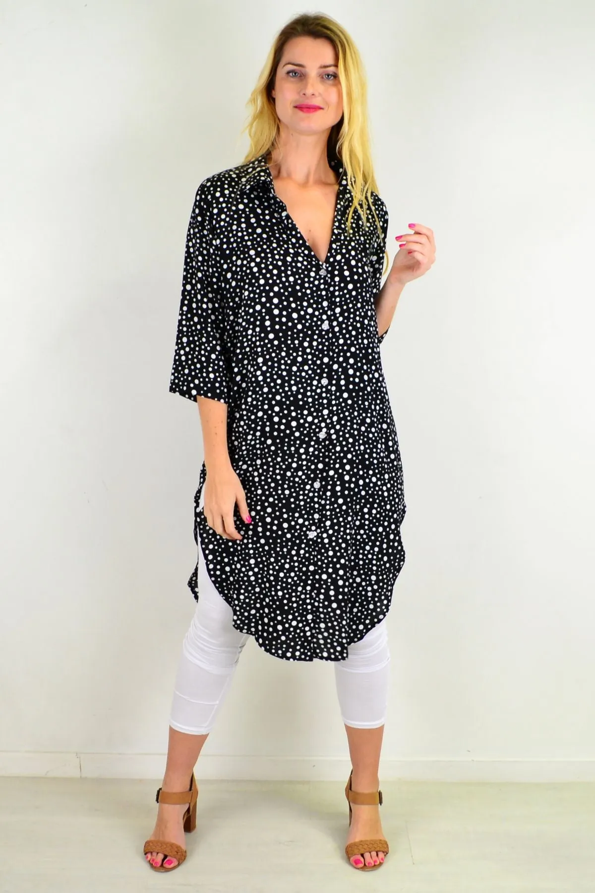 Black White Spot Long Shirt Tunic