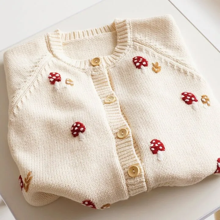 Boho Baby Mushroom Embroidered Cardigan