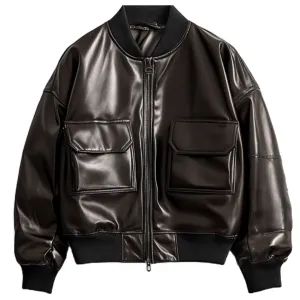 Brown Leather Bomber Jacket - Premium Sheen Finish | El Zoro