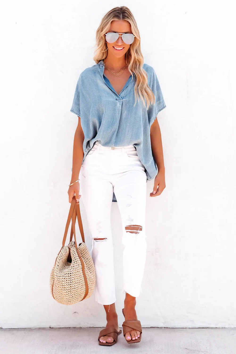 Cali Chic Women Denim Blouse Sky Blue Split V Neck Oversized