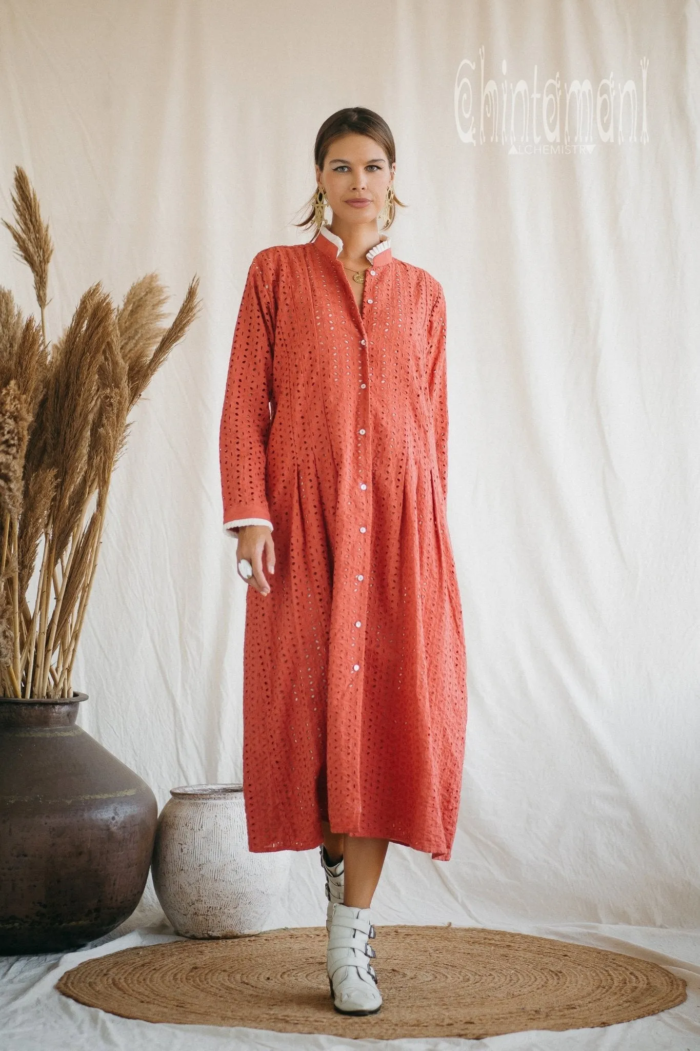 Certified Organic Cotton Midi Dress with Flower Eyelets / Coral Rose