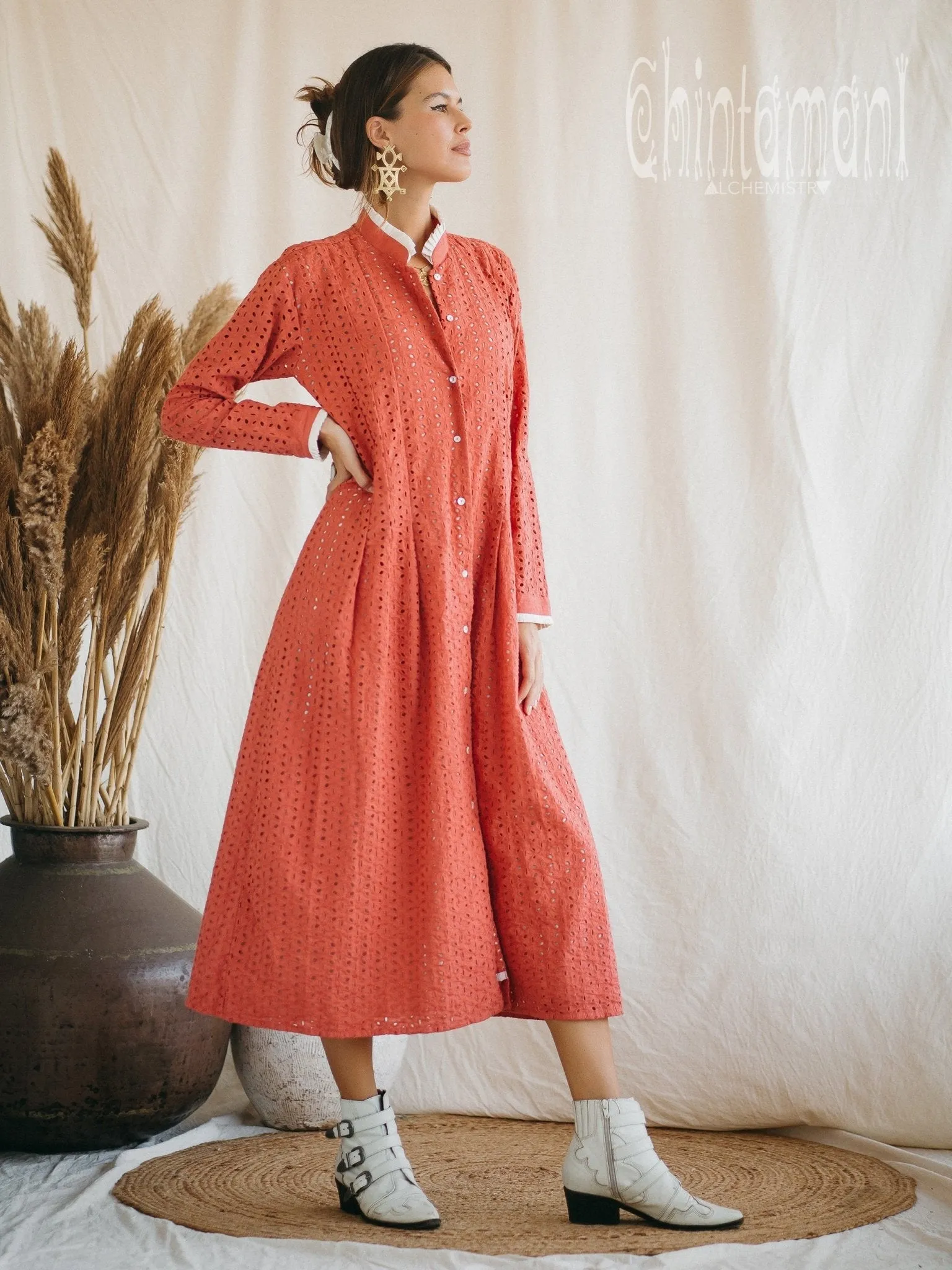 Certified Organic Cotton Midi Dress with Flower Eyelets / Coral Rose