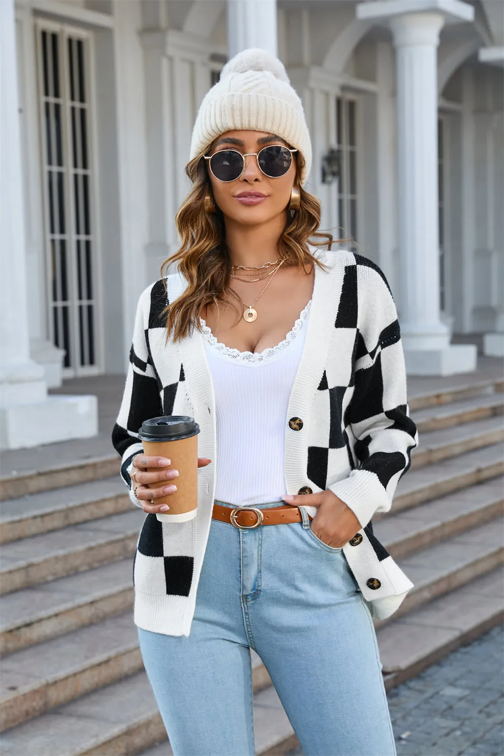 Checkered Button-Up V-Neck Cardigan