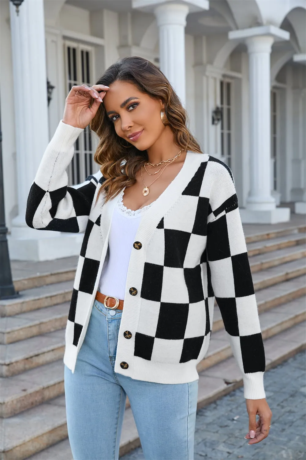 Checkered Button-Up V-Neck Cardigan