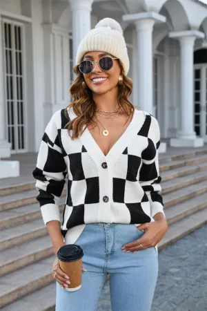 Checkered Button-Up V-Neck Cardigan