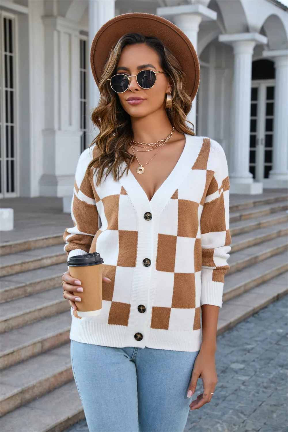Checkered Button-Up V-Neck Cardigan