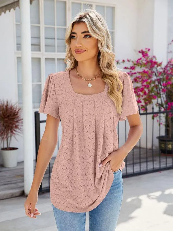 Chic Square Neck Bell Sleeve Pleated Top - Women's Fashionable and Comfortable T-Shirt