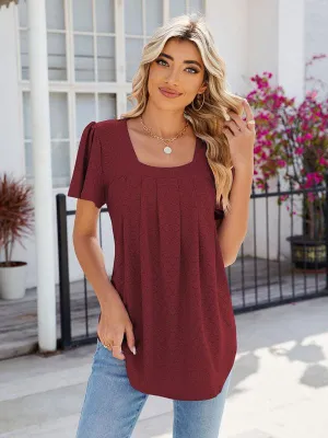 Chic Square Neck Bell Sleeve Pleated Top - Women's Fashionable and Comfortable T-Shirt