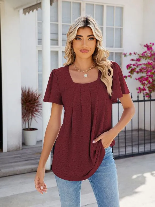 Chic Square Neck Bell Sleeve Pleated Top - Women's Fashionable and Comfortable T-Shirt
