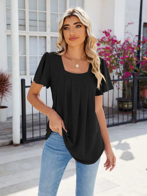 Chic Square Neck Bell Sleeve Pleated Top - Women's Fashionable and Comfortable T-Shirt