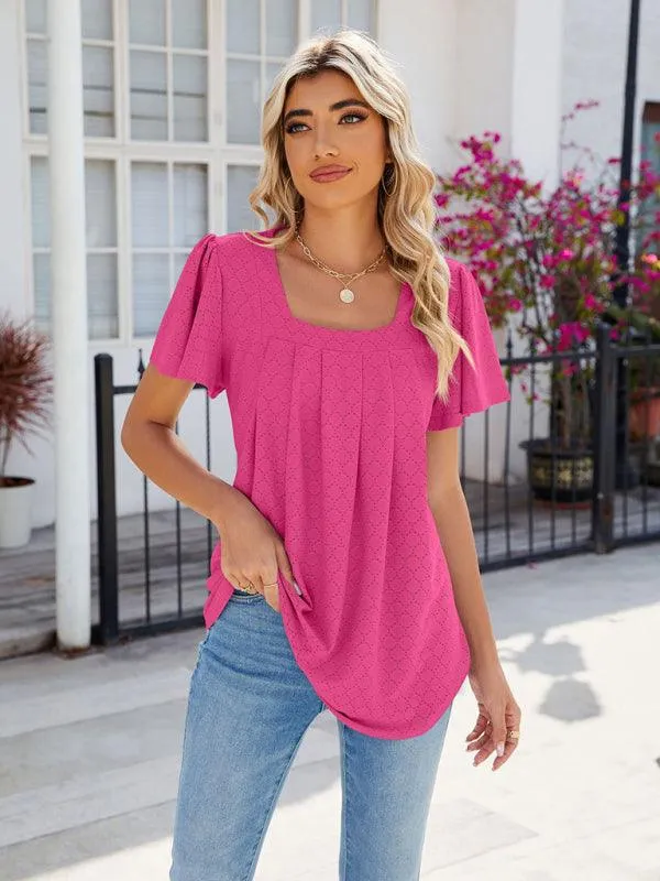 Chic Square Neck Bell Sleeve Pleated Top - Women's Fashionable and Comfortable T-Shirt