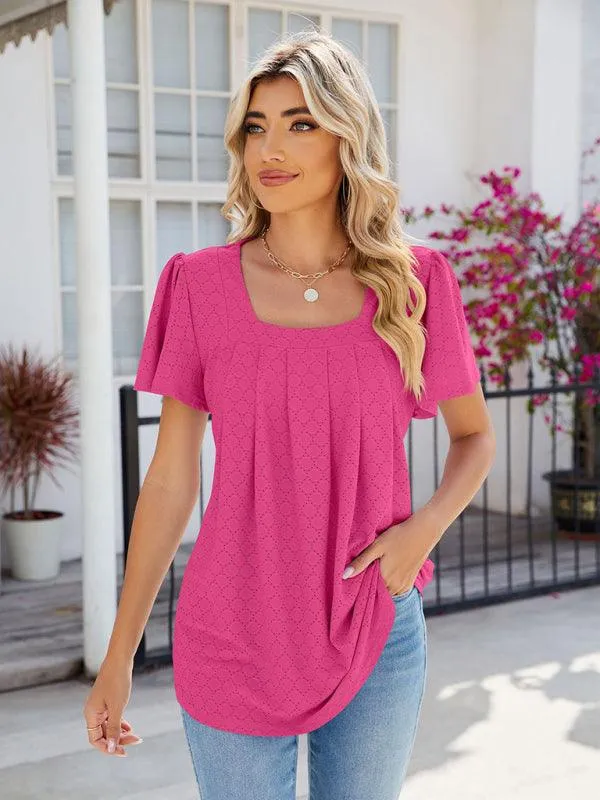 Chic Square Neck Bell Sleeve Pleated Top - Women's Fashionable and Comfortable T-Shirt