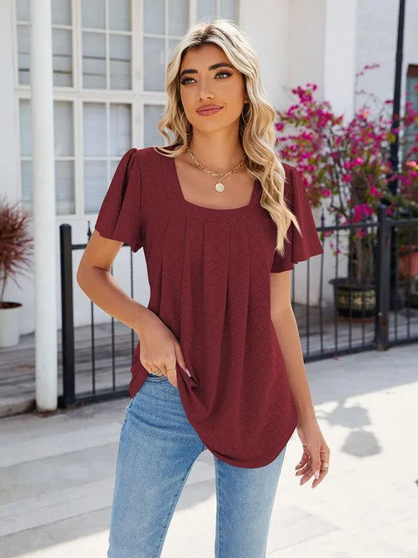 Chic Square Neck Bell Sleeve Pleated Top - Women's Fashionable and Comfortable T-Shirt