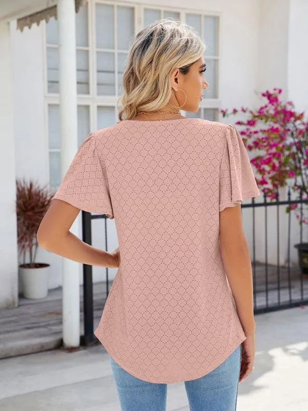 Chic Square Neck Bell Sleeve Pleated Top - Women's Fashionable and Comfortable T-Shirt